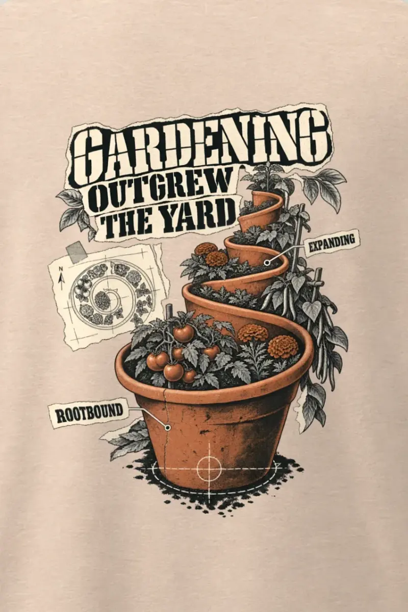 "Gardening Outgrew the Yard" Men’s Oversized Heavyweight Crewneck T-Shirt - the graphic up close