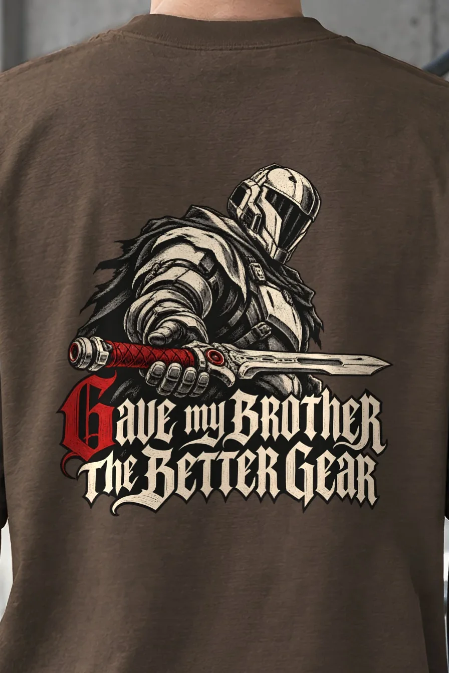 "Gave My Brother the Better Gear" Men’s Oversized Heavyweight Crewneck T-Shirt - the graphic up close