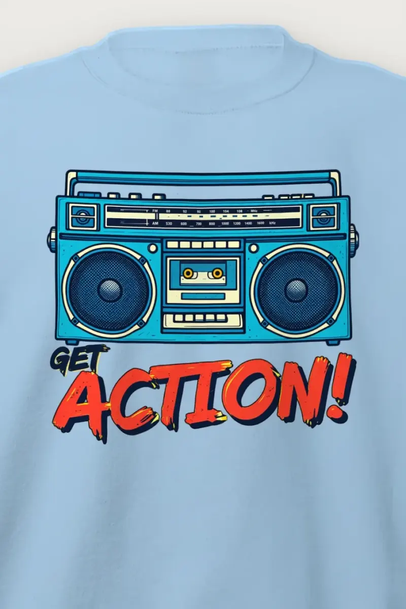 "Blue Boombox Get Action" Heavy Blend Unisex Crewneck Sweatshirt - the graphic up close