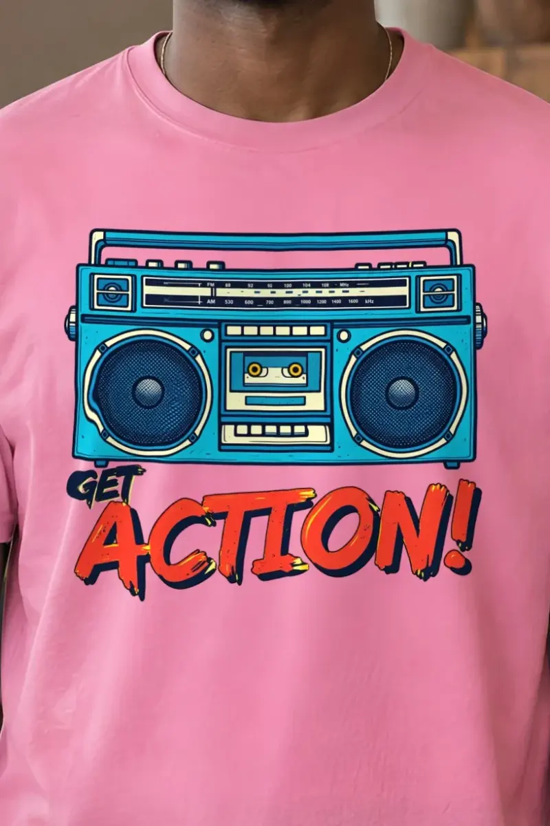 "Get Action Boombox" Heavyweight Unisex Crewneck T-shirt - the graphic up close