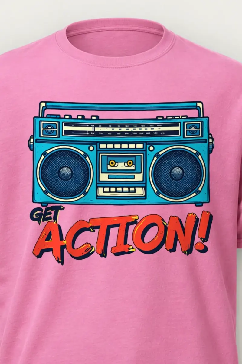 "Get Action Boombox" Heavyweight Unisex Crewneck T-shirt - the graphic up close