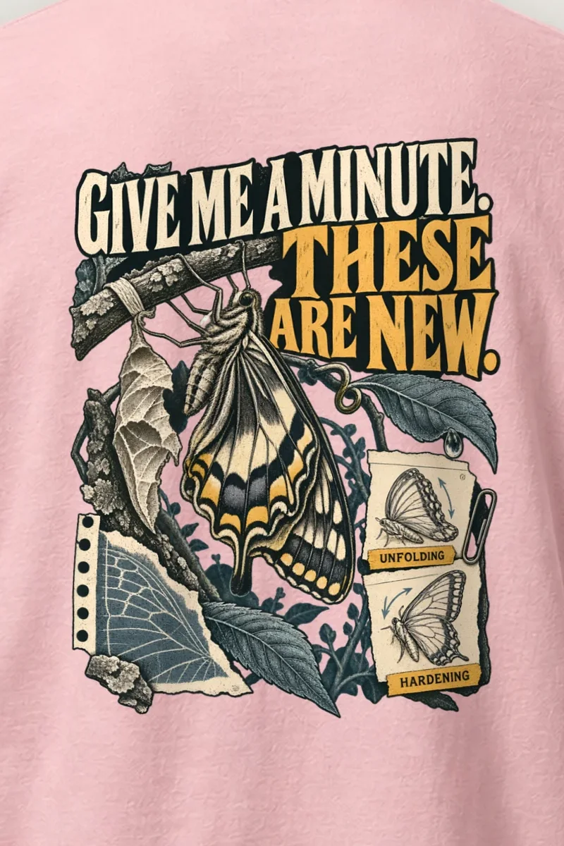 "Give Me a Minute" Heavyweight Unisex Crewneck T-shirt - the graphic up close