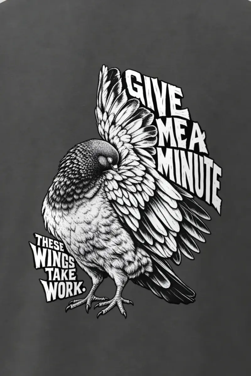 "Give Me A Minute" Men’s Oversized Heavyweight Crewneck T-Shirt - the graphic up close
