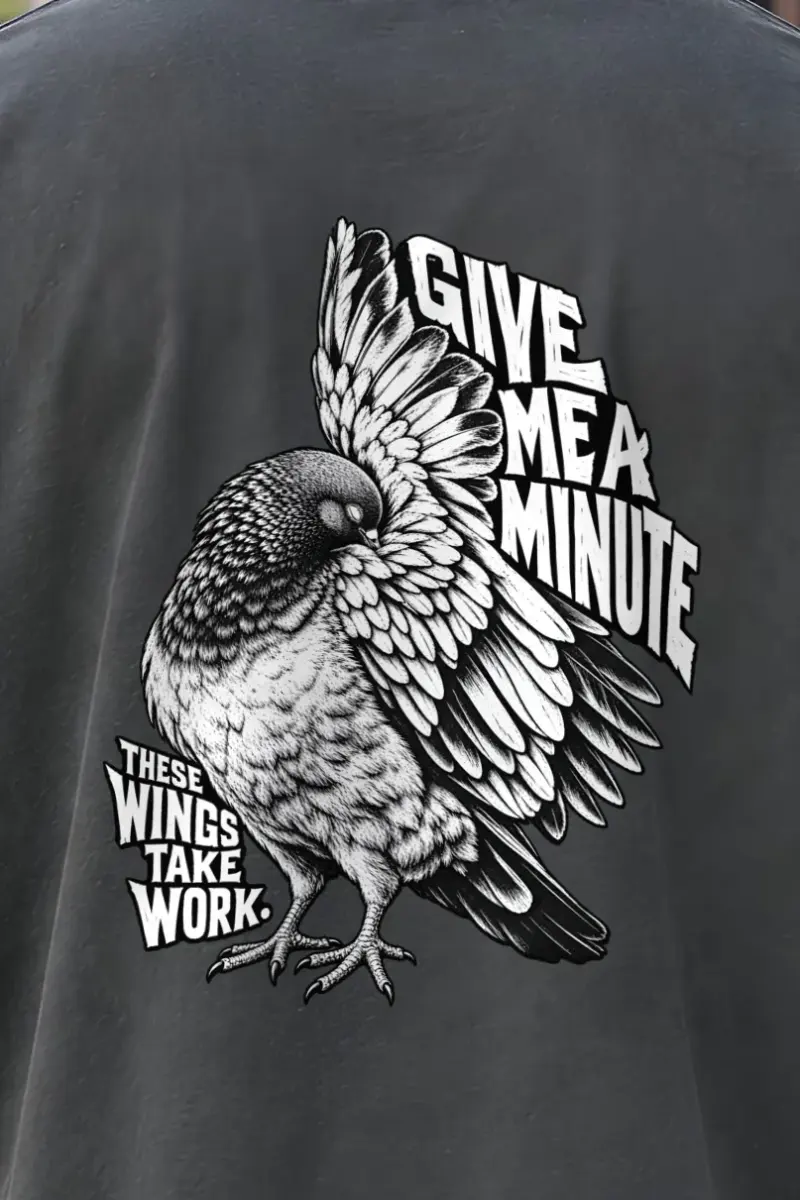 "Give Me A Minute" Men’s Oversized Heavyweight Crewneck T-Shirt - the graphic up close