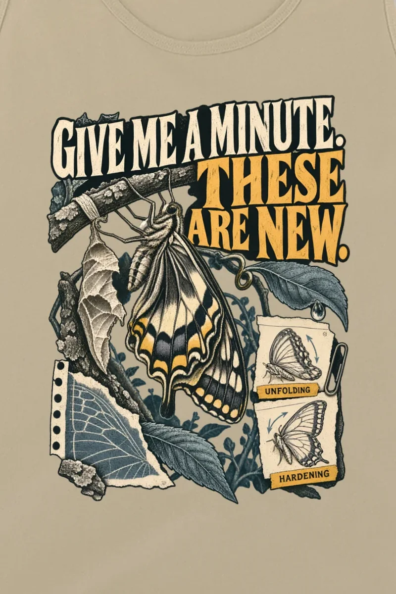 "Give Me a Minute These Are New" Unisex Jersey Tank - the graphic up close