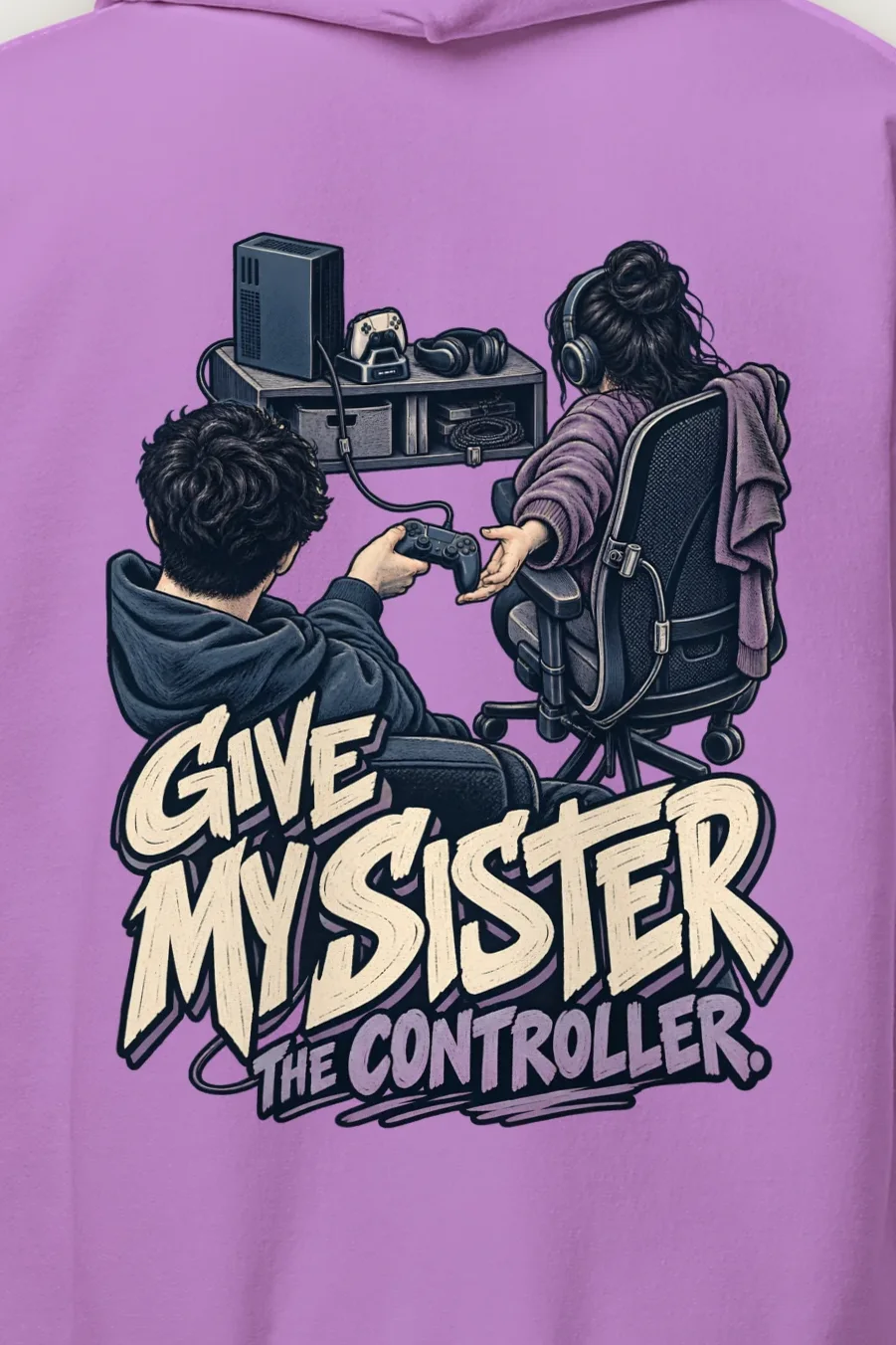 "Give My Sister the Controller" Heavy Blend Unisex Pullover Hoodie - the graphic up close
