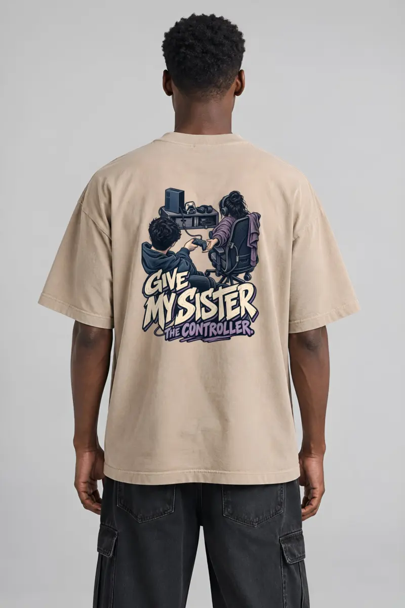 “Give My Sister the Controller” Men’s Oversized Heavyweight Crewneck T-Shirt