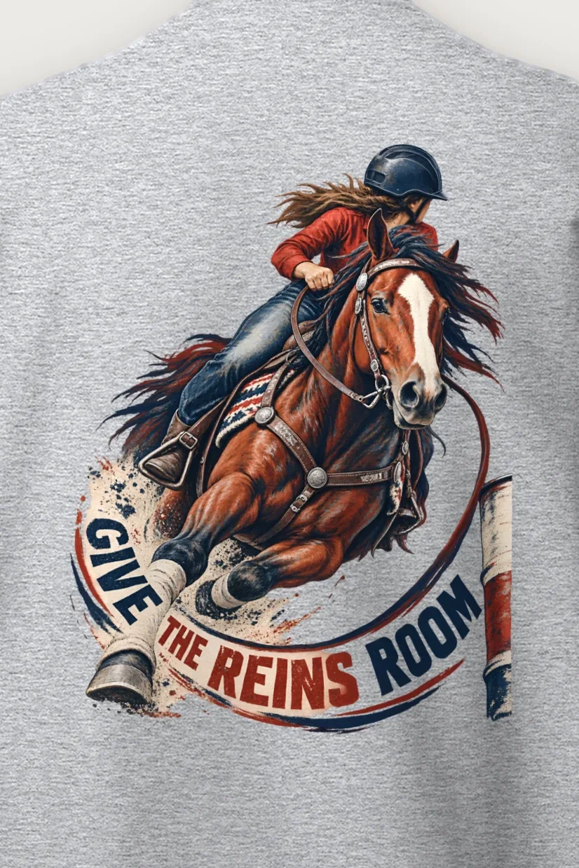 "Give the Reins Room" Heavy Blend Unisex Crewneck Sweatshirt - the graphic up close