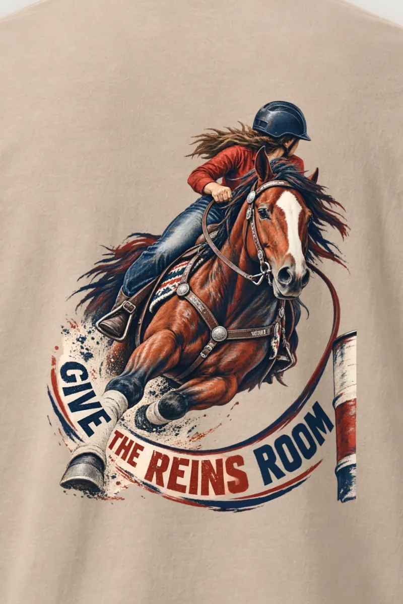"Give the Reins Room" Heavyweight Unisex Crewneck T-shirt - the graphic up close