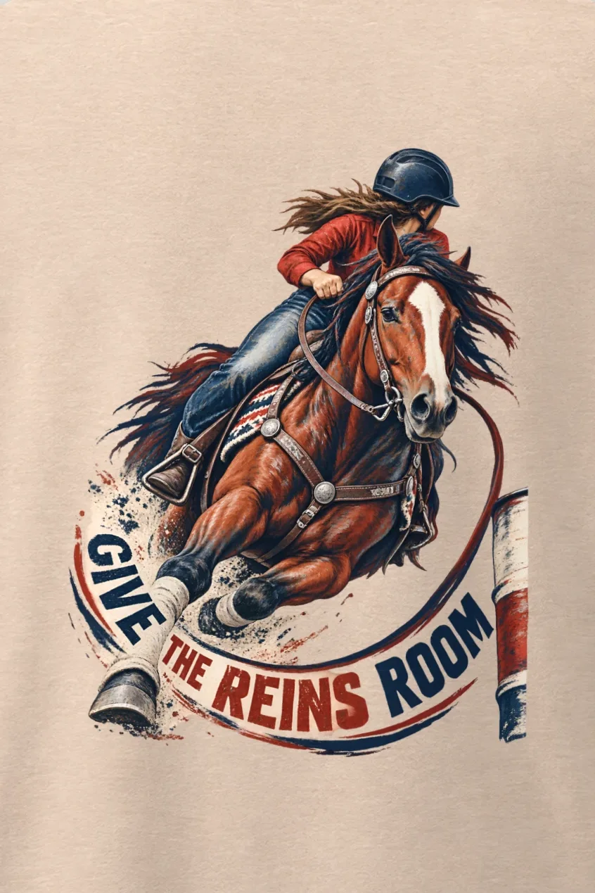 "Give the Reins Room" Men’s Oversized Heavyweight Crewneck T-Shirt - the graphic up close