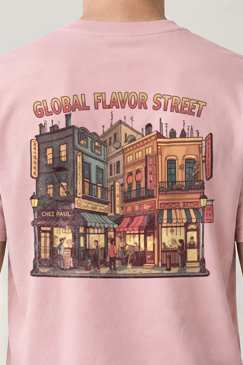 "Global Flavor Street" Heavyweight Unisex Crewneck T-shirt - the graphic up close