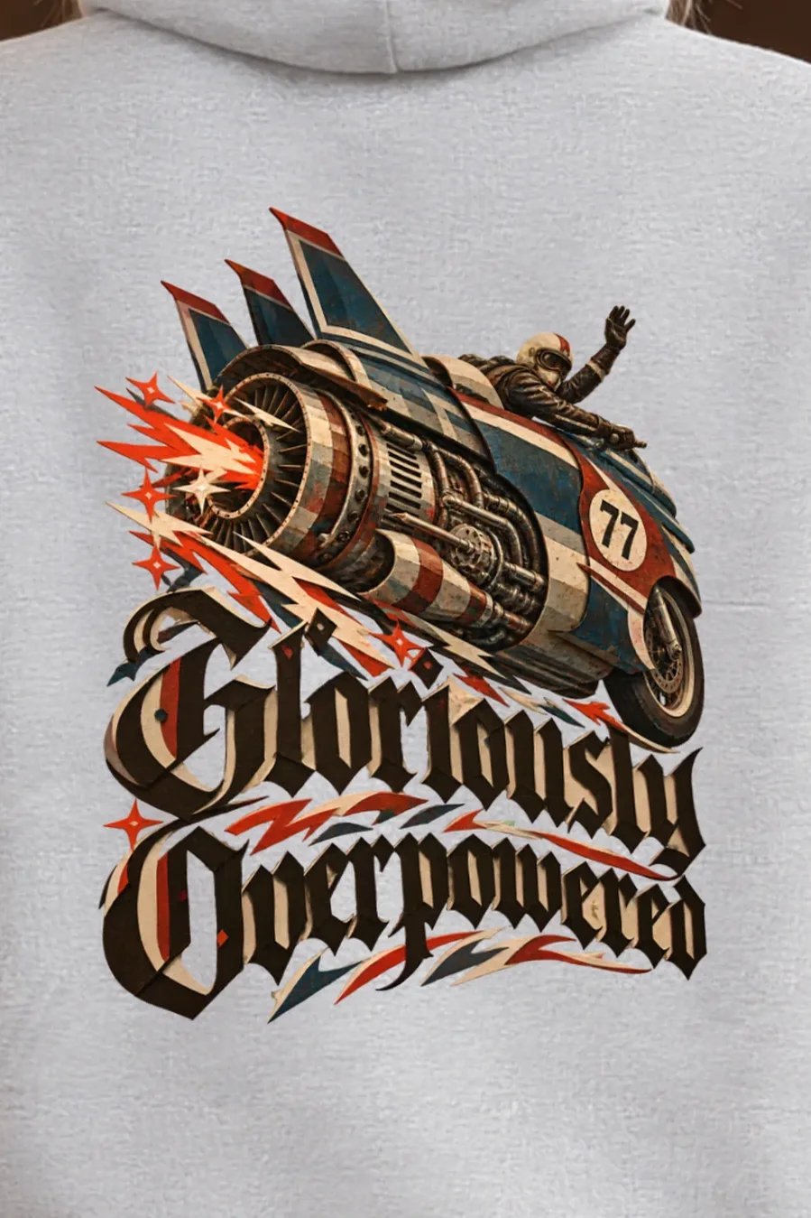 "Gloriously Overpowered" Unisex Pullover Hoodie - the graphic up close
