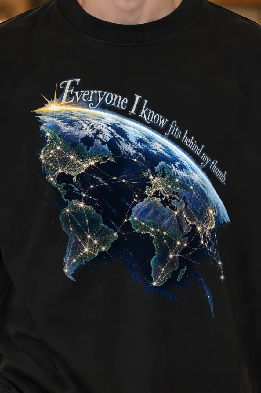 "Glowing Earth at Night" Unisex Oversized Heavyweight Crewneck T-Shirt - the graphic up close