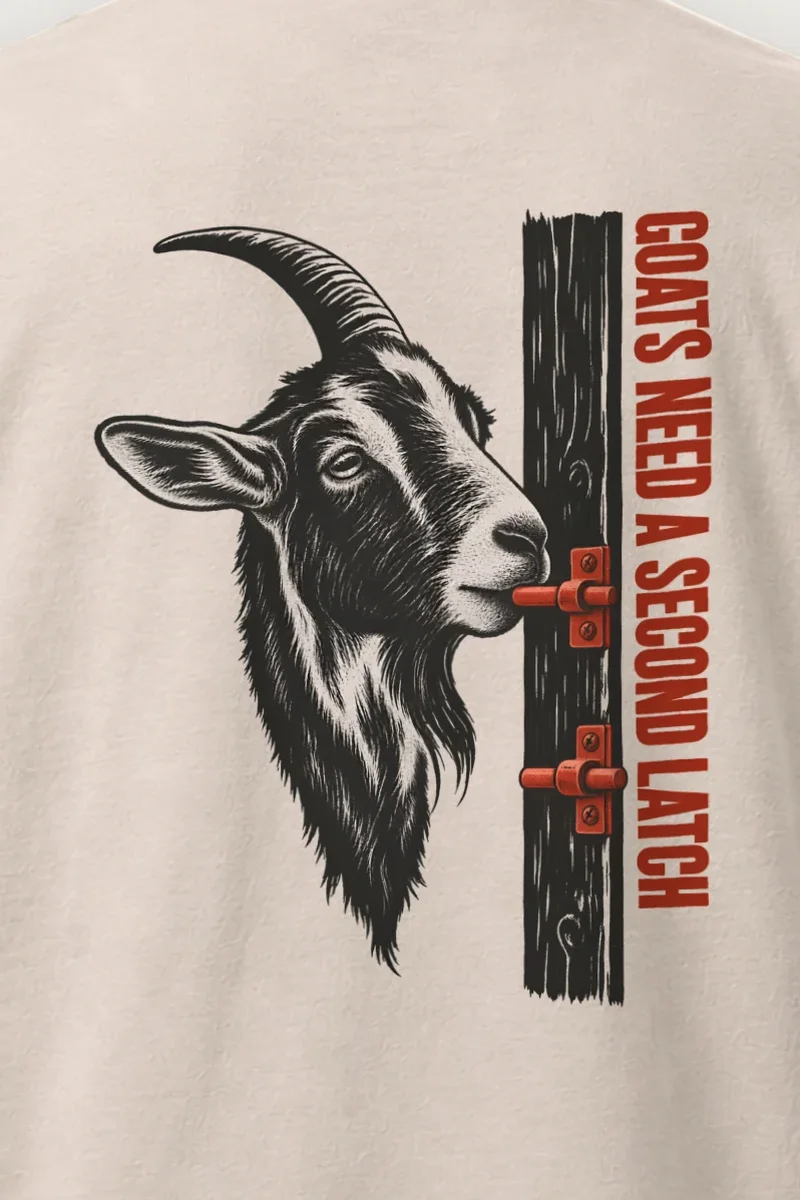 "Goats Need A Second Latch" Heavyweight Unisex Crewneck T-shirt - the graphic up close