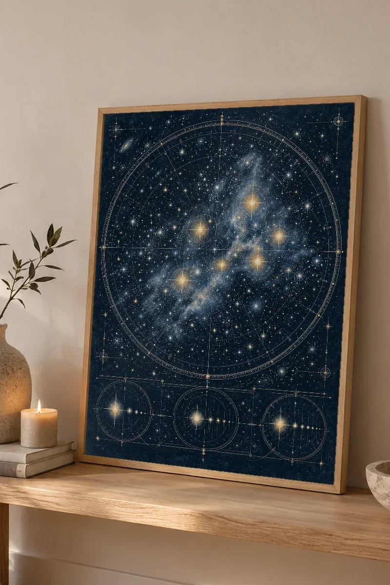 "Gold Celestial Star Chart" Premium Wooden Framed Poster - the graphic up close