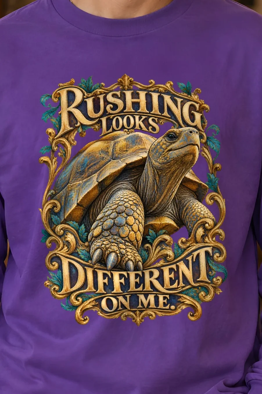 "Gold Scrollwork Tortoise" Unisex Longsleeve T-shirt - the graphic up close