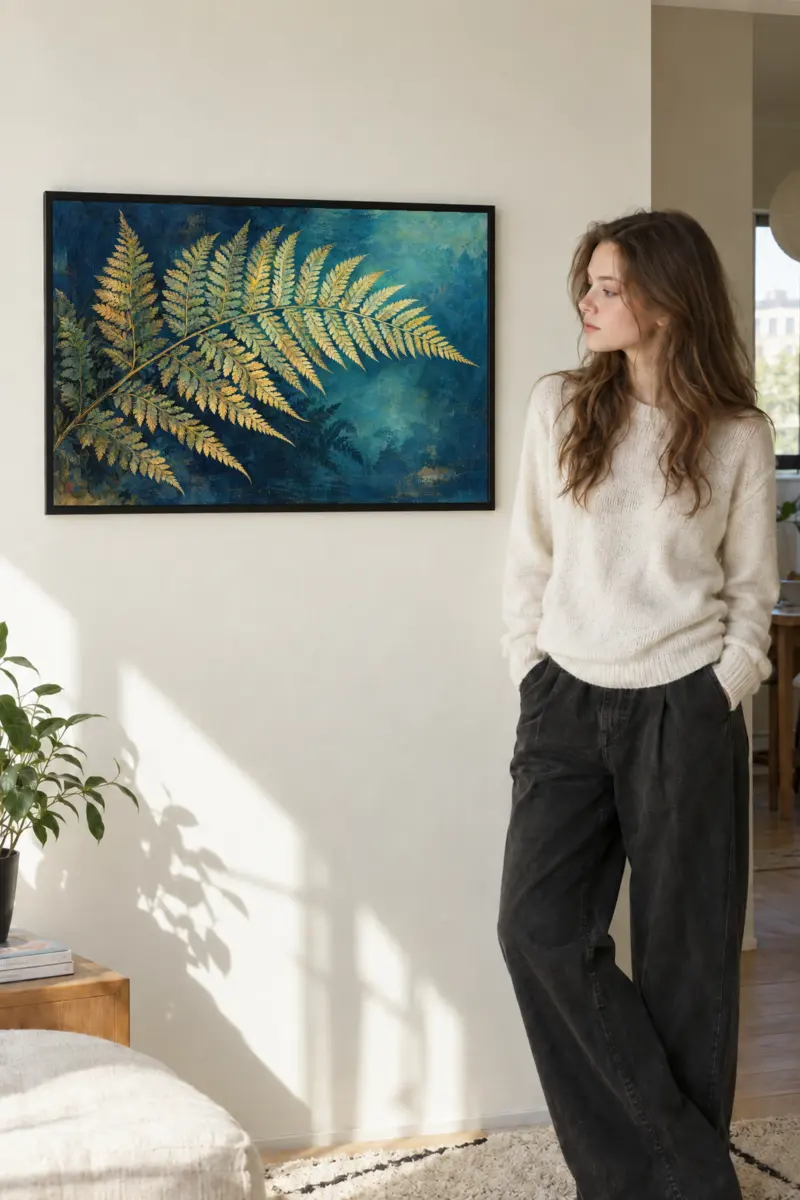 "Golden Fern Frond" Premium Wooden Framed Poster · Landscape
