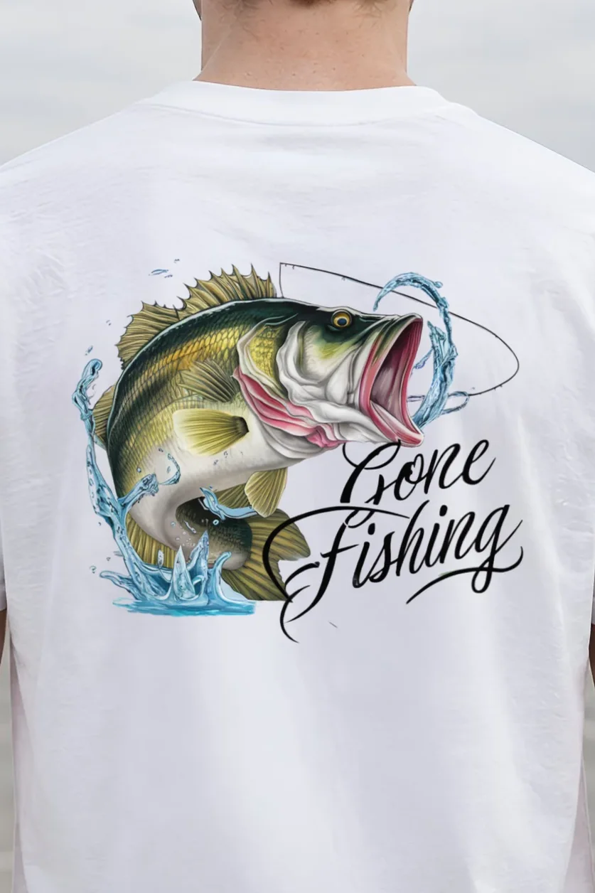 "Gone Fishing Bass" Heavyweight Unisex Crewneck T-shirt - the graphic up close