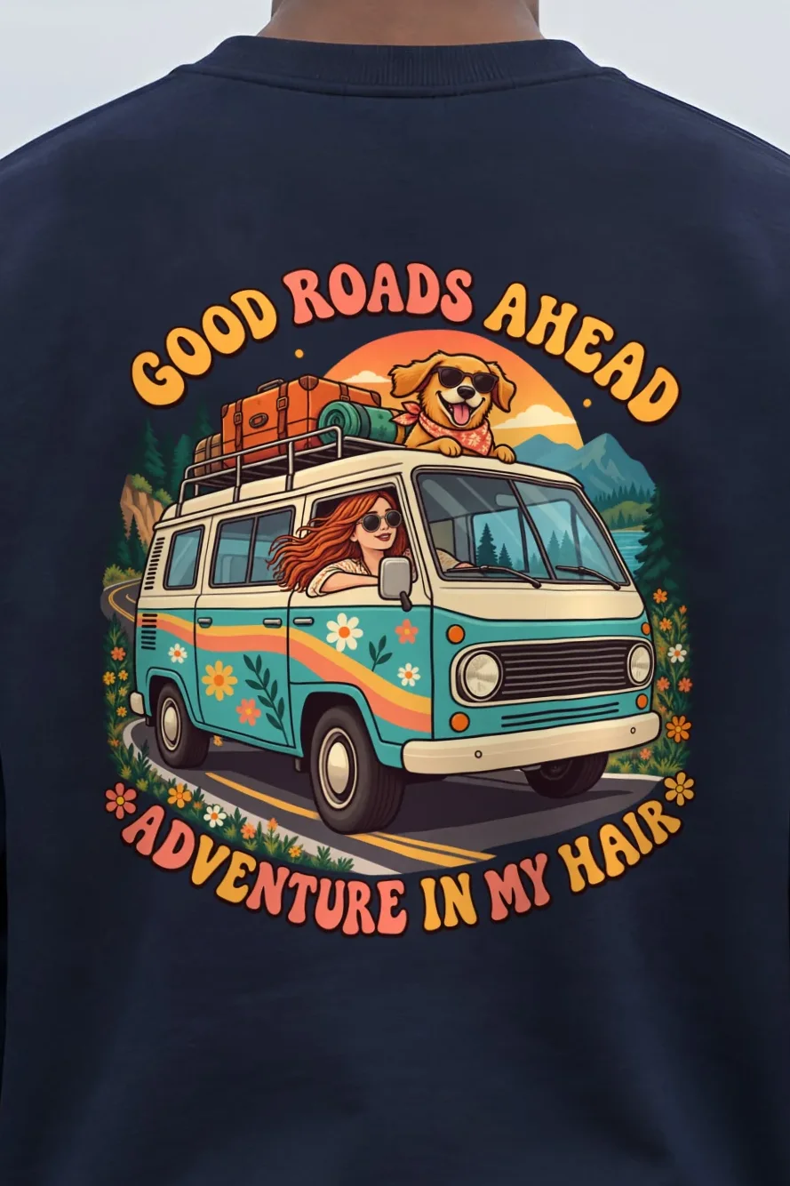 "Good Roads Ahead" 1 Crewneck Sweatshirt - the graphic up close