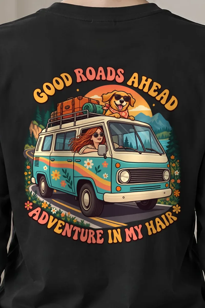 "Good Roads Ahead" Unisex Longsleeve T-shirt - the graphic up close