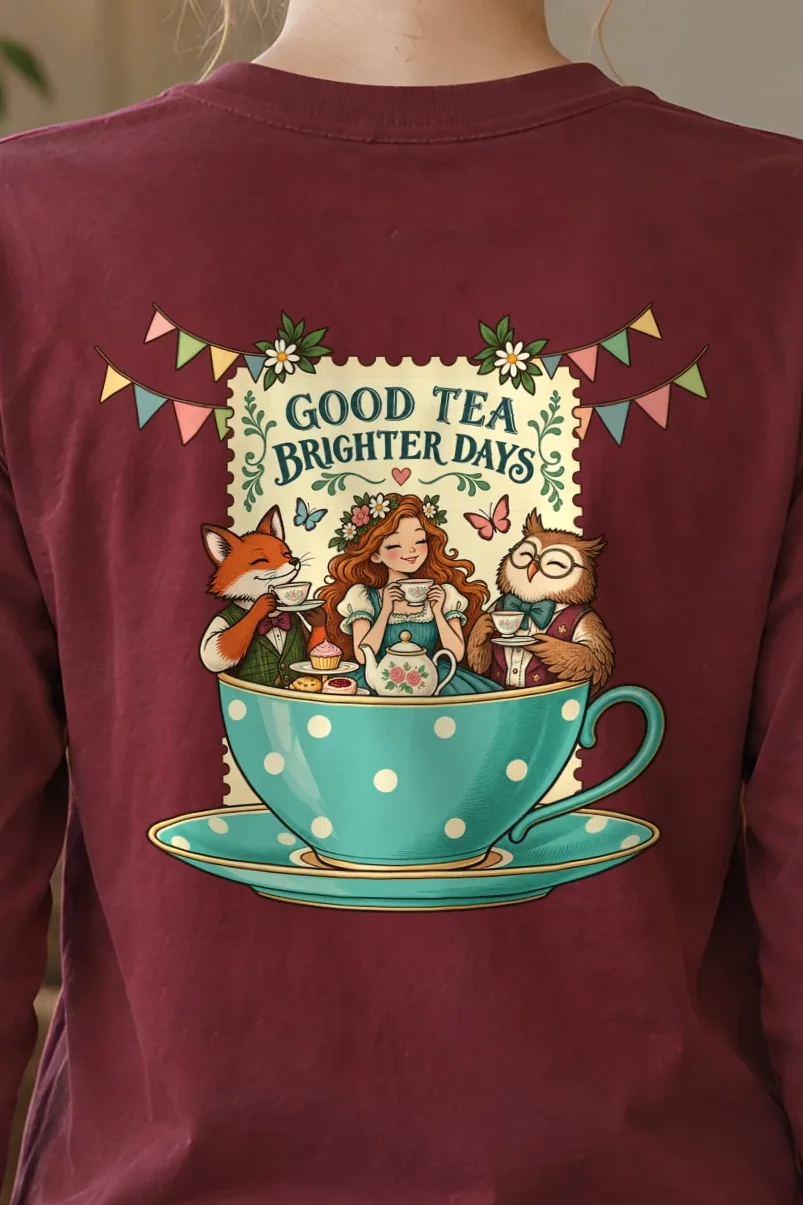 "Good Tea Brighter Days" Unisex Longsleeve T-shirt - the graphic up close