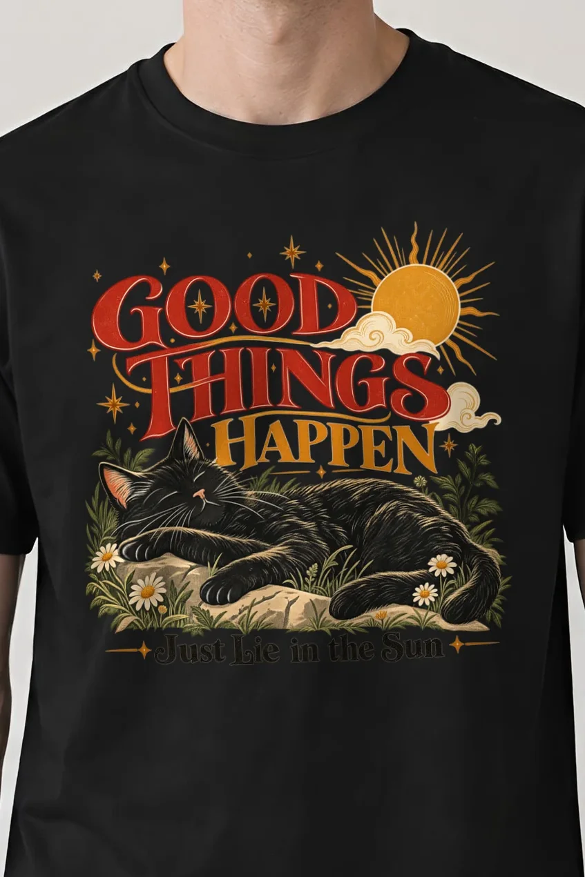 "Good Things Happen" Heavyweight Unisex Crewneck T-shirt - the graphic up close