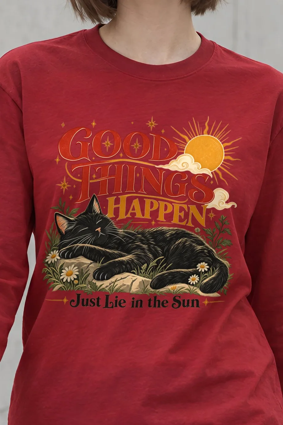 "Good Things Happen" Unisex Longsleeve T-shirt - the graphic up close