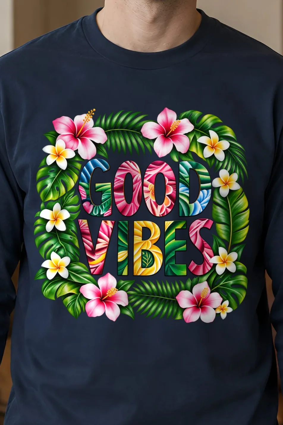 "Good Vibes Blooms" Unisex Longsleeve T-shirt - the graphic up close