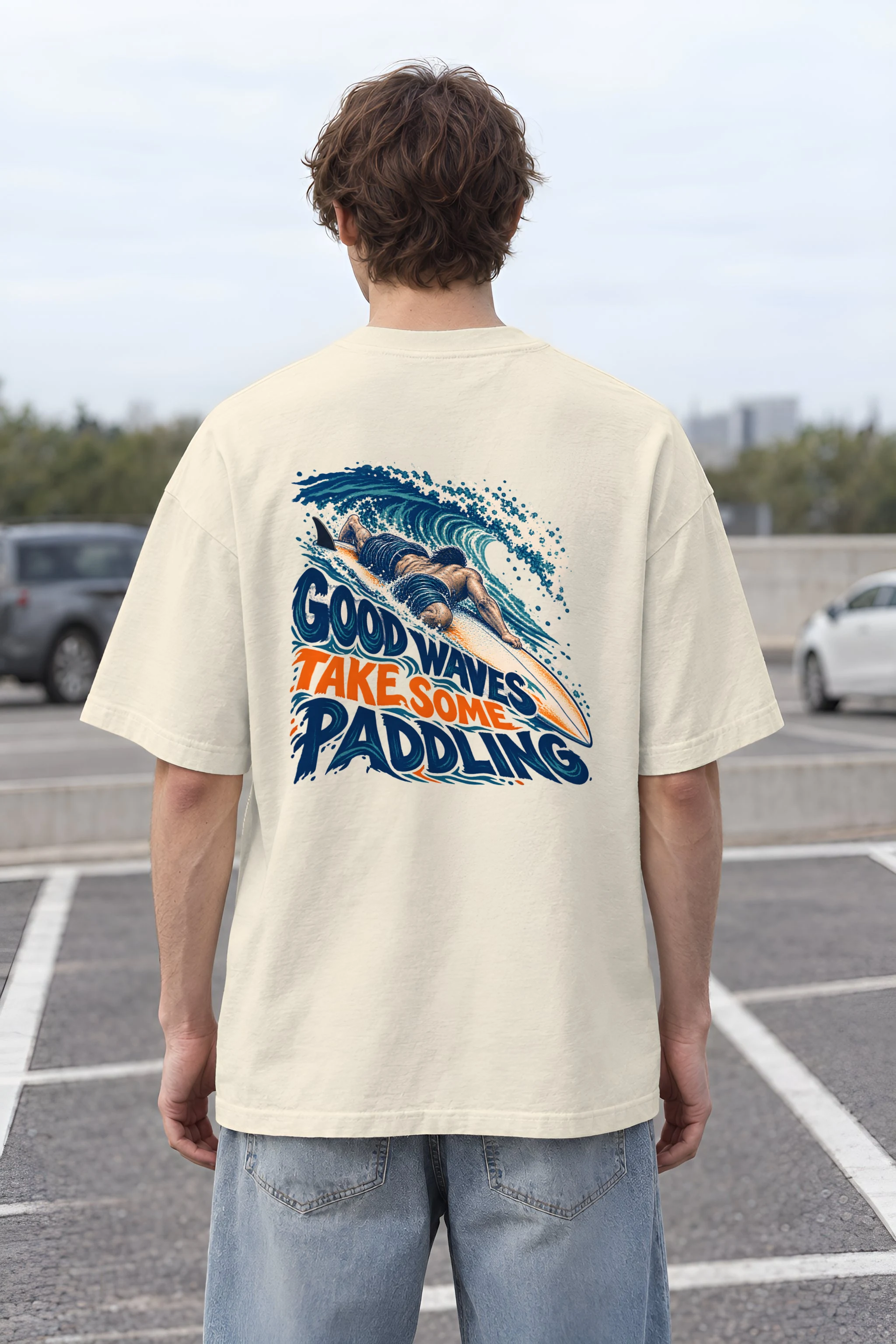"Good Waves Take Some Paddling" Men's Oversized Heavyweight Crewneck T-Shirt