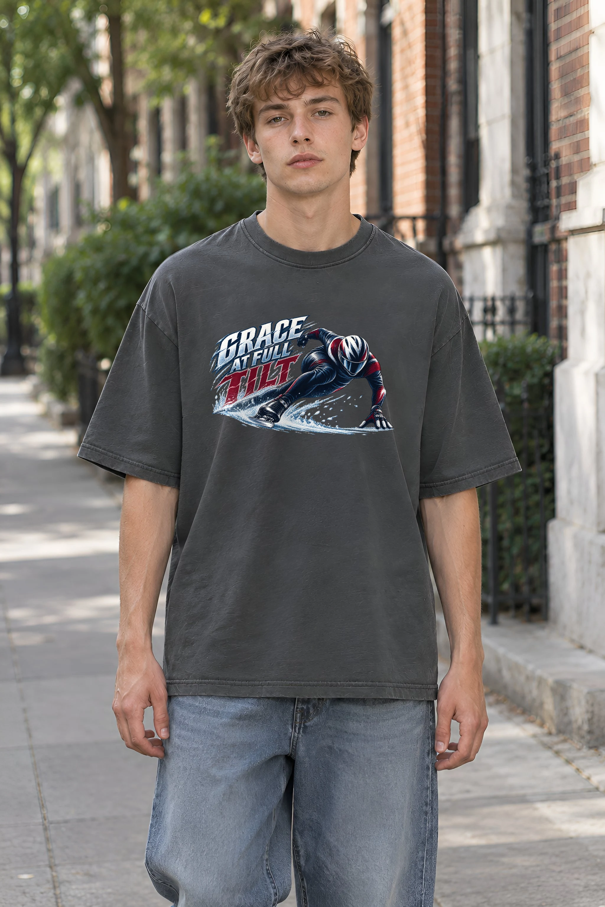 "Grace at Full Tilt" Men's Oversized Heavyweight Crewneck T-Shirt