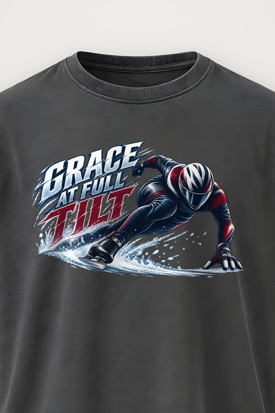 "Grace at Full Tilt" Men’s Oversized Heavyweight Crewneck T-Shirt - the graphic up close