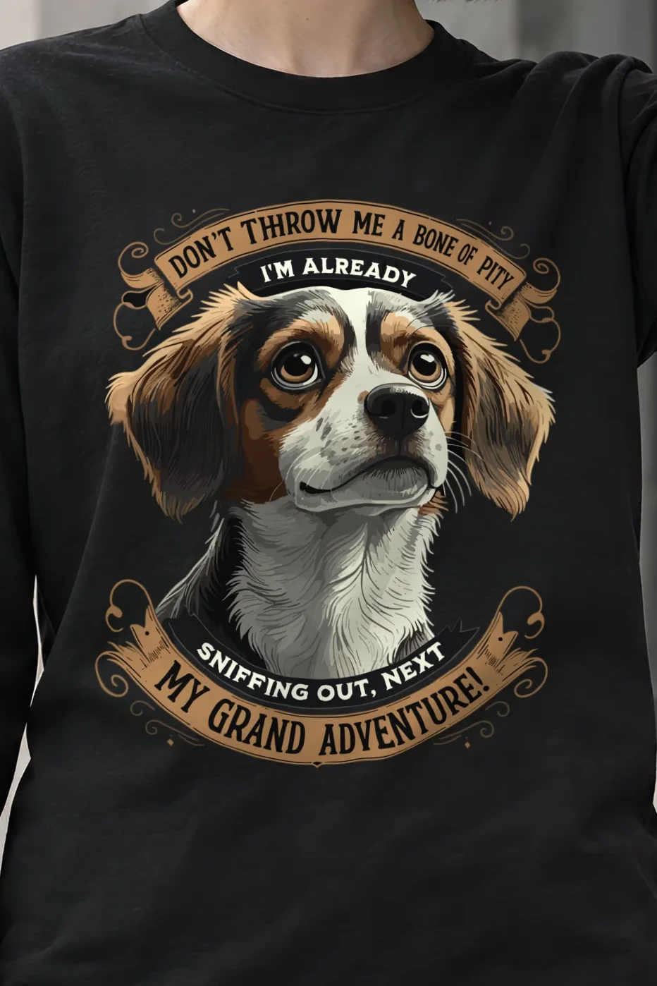 "Grand Adventure Dog" Unisex Longsleeve T-shirt - the graphic up close