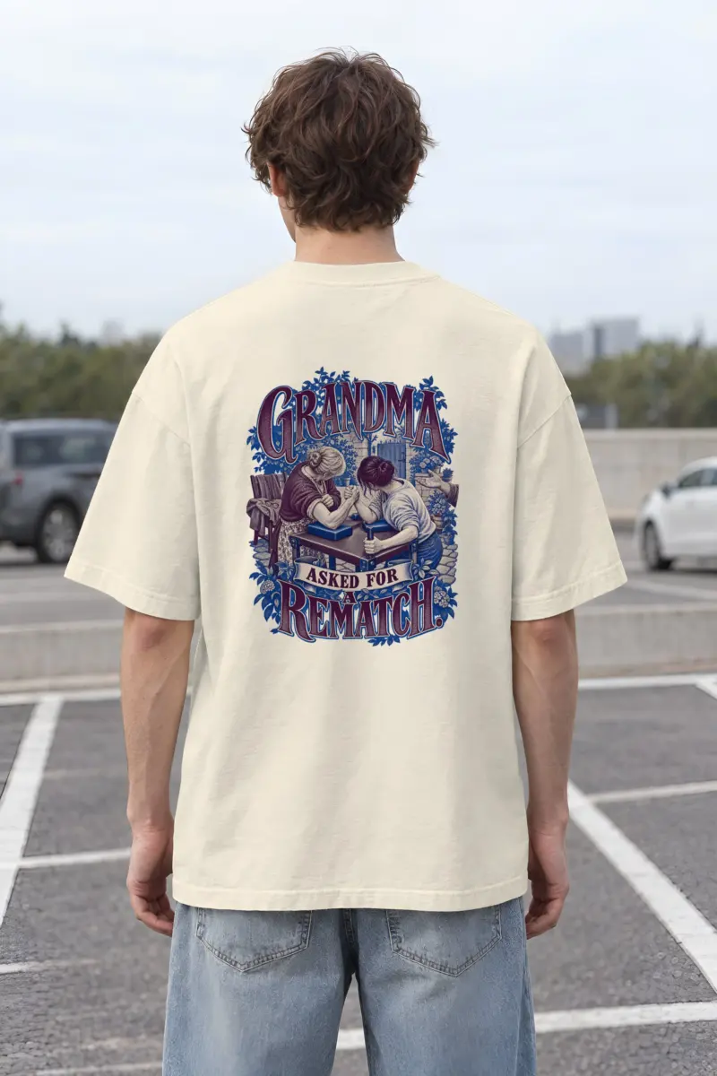 “Grandma Asked for a Rematch” Men’s Oversized Heavyweight Crewneck T-Shirt