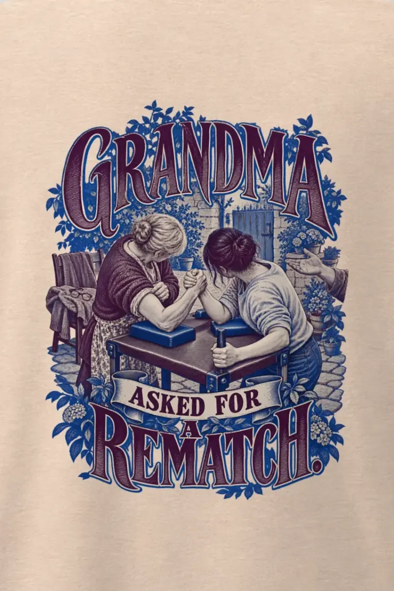 "Grandma Asked for a Rematch" Men’s Oversized Heavyweight Crewneck T-Shirt - the graphic up close