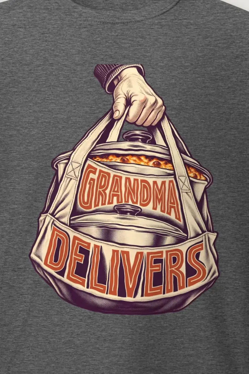 "Grandma Delivers" Heavyweight Unisex Crewneck T-shirt - the graphic up close