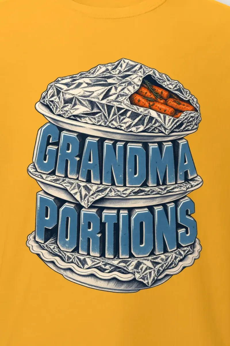"Grandma Portions" Heavyweight Unisex Crewneck T-shirt - the graphic up close