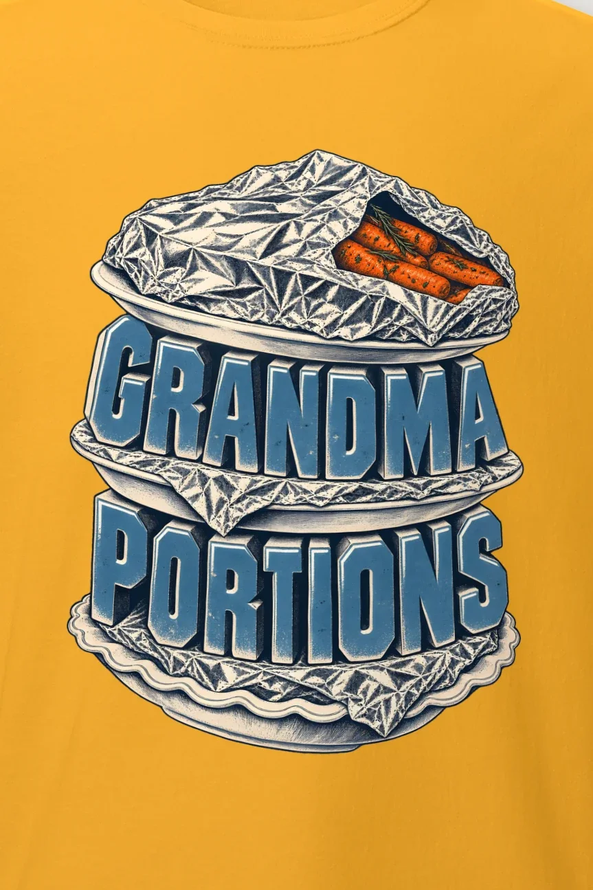 "Grandma Portions" Heavyweight Unisex Crewneck T-shirt - the graphic up close