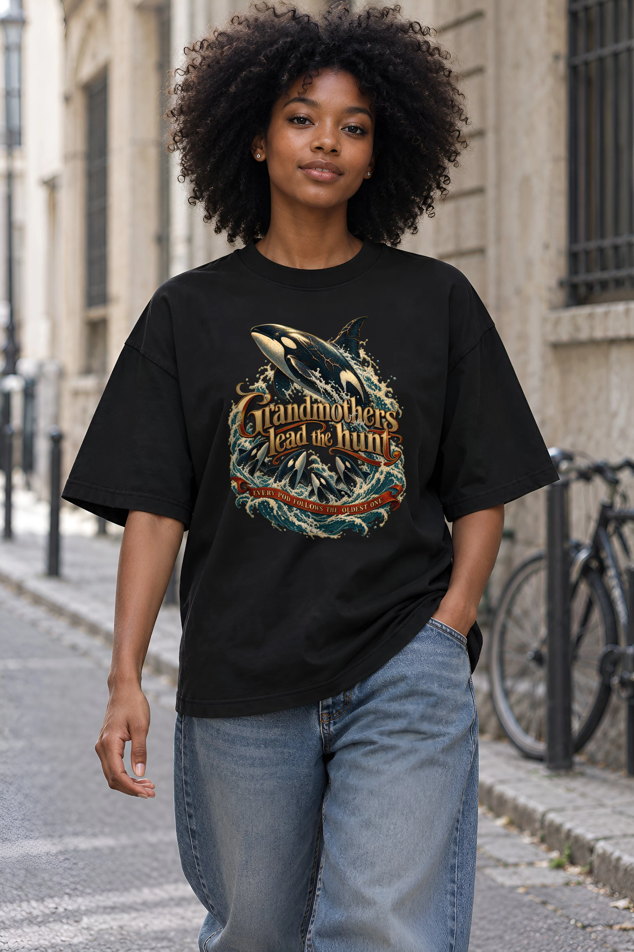 "Grandmothers Lead the Hunt" Unisex Oversized Heavyweight Crewneck T-Shirt