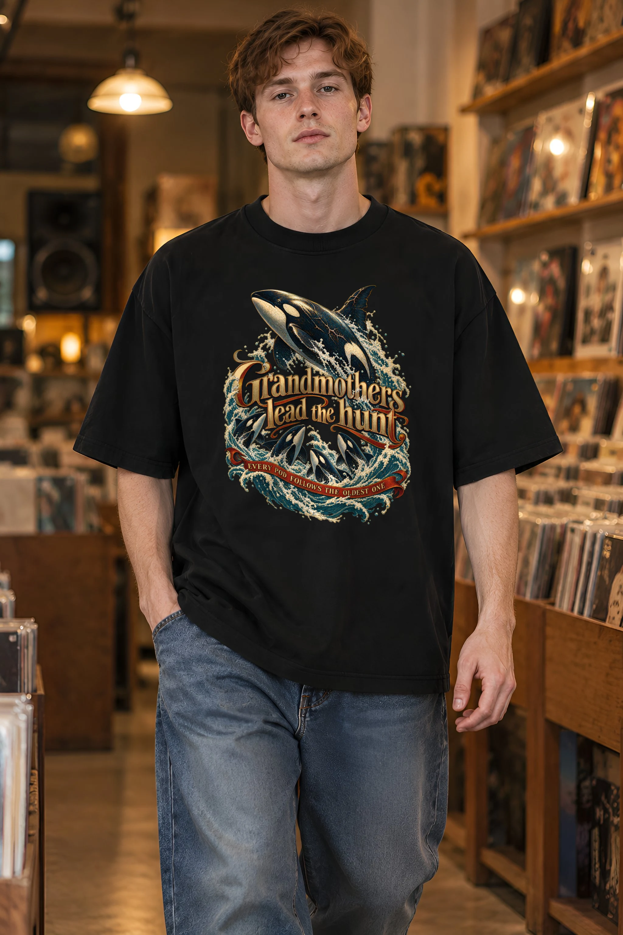 "Grandmothers Lead the Hunt" Unisex Oversized Heavyweight Crewneck T-Shirt