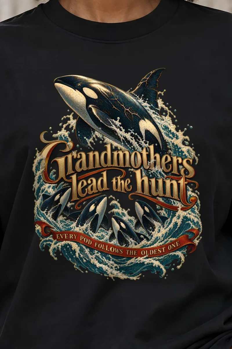 "Grandmothers Lead the Hunt" Unisex Oversized Heavyweight Crewneck T-Shirt - the graphic up close