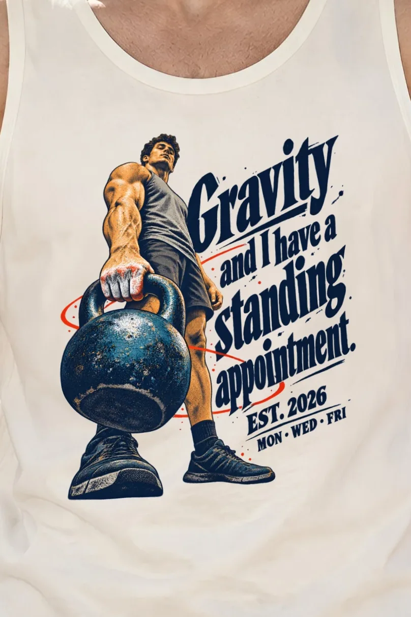 "Gravity Standing Appointment" Unisex Jersey Tank - the graphic up close