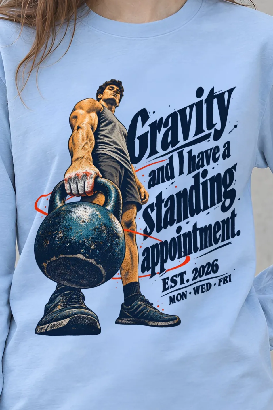"Gravity Standing Appointment" Unisex Longsleeve T-shirt - the graphic up close