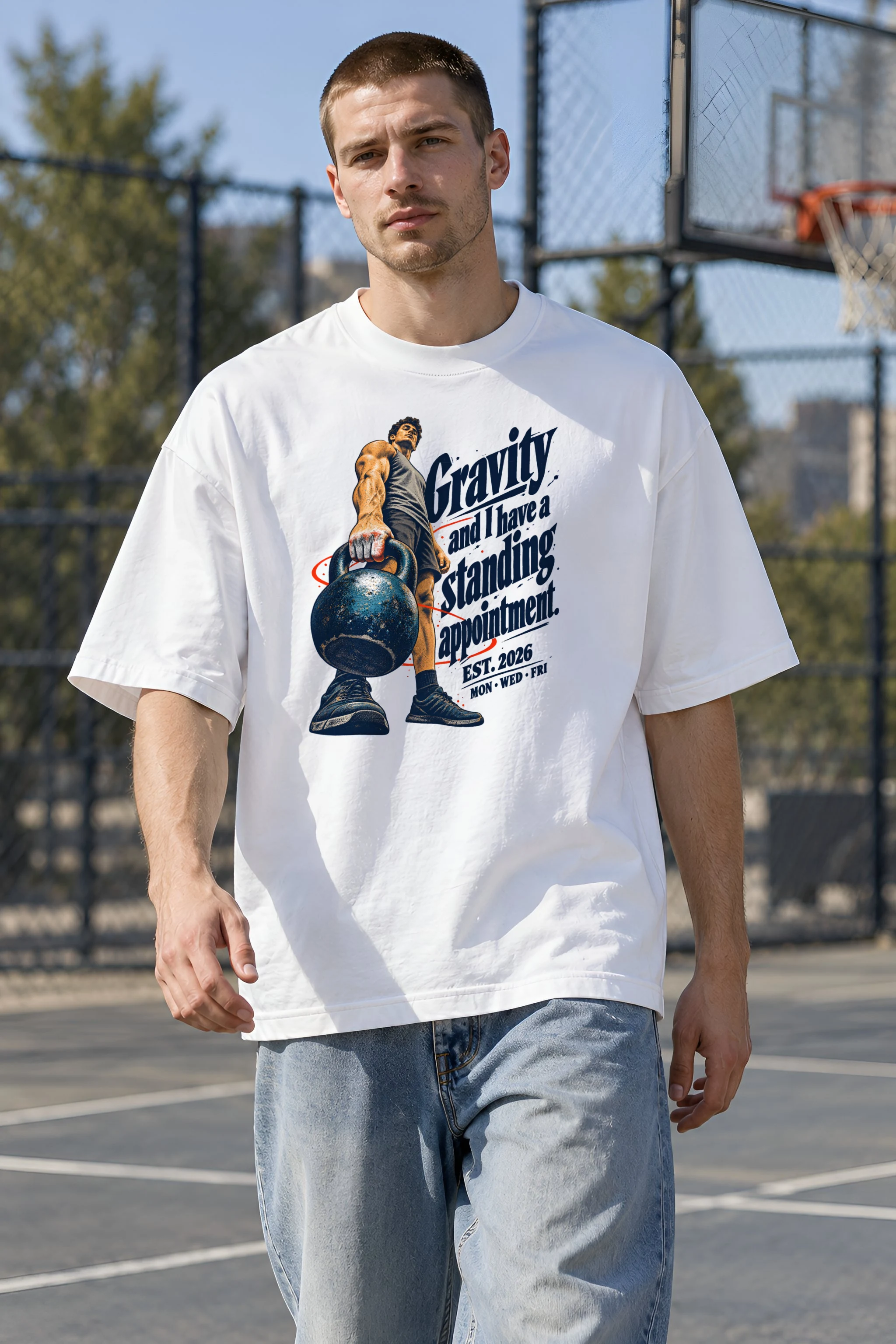"Gravity Standing Appointment" Unisex Oversized Heavyweight Crewneck T-Shirt