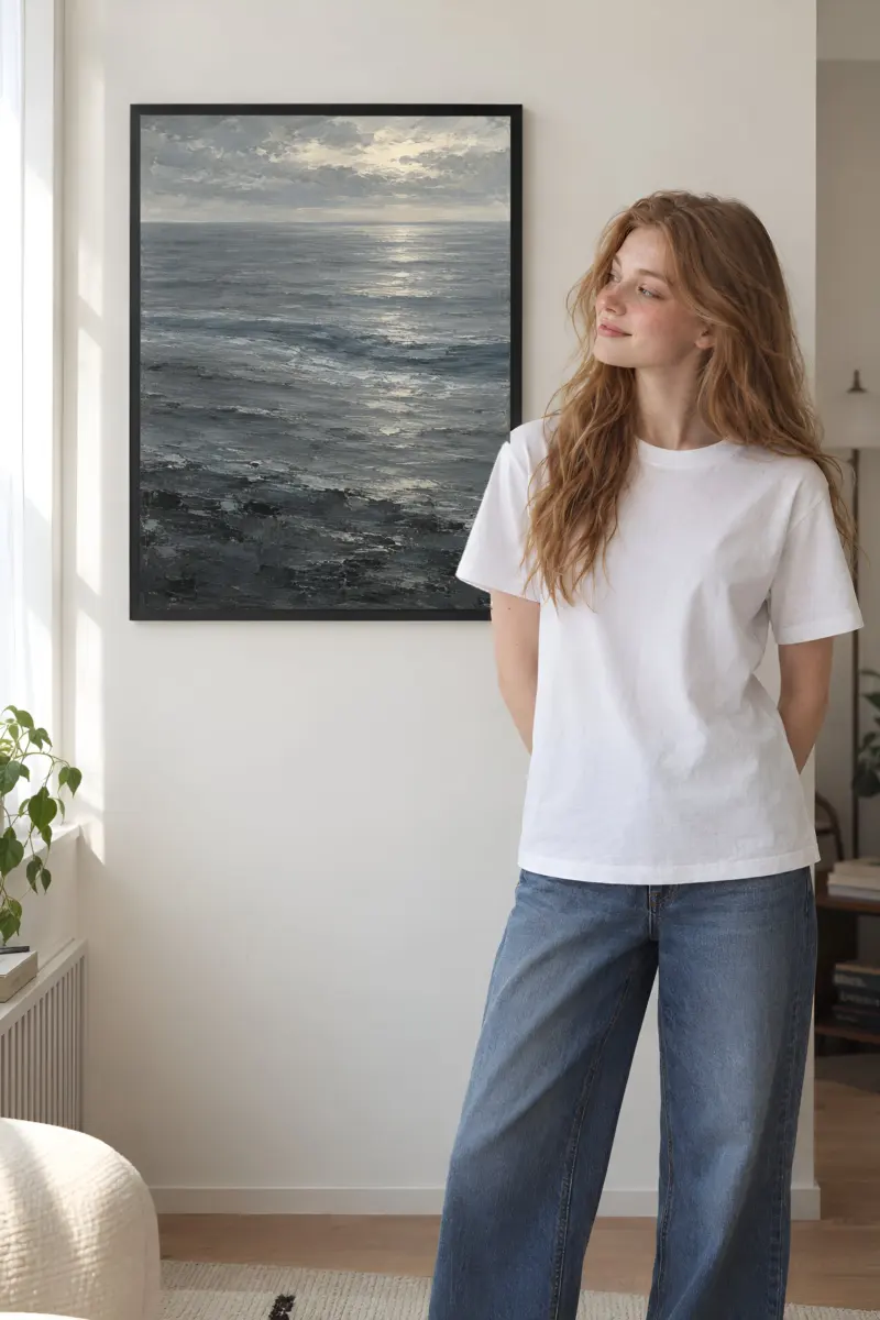 “Gray Sea Under Breaking Light” Premium Wooden Framed Poster