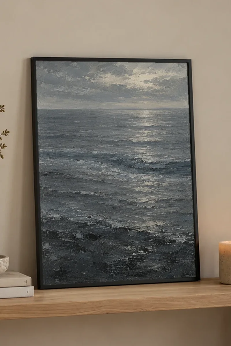 "Gray Sea Under Breaking Light" Premium Wooden Framed Poster - the graphic up close
