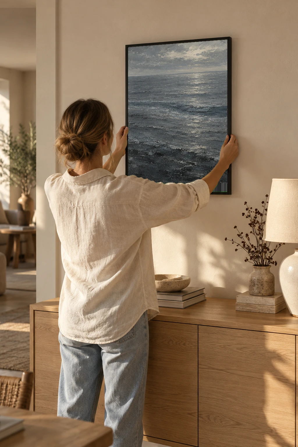 "Gray Sea Under Breaking Light" Premium Wooden Framed Poster