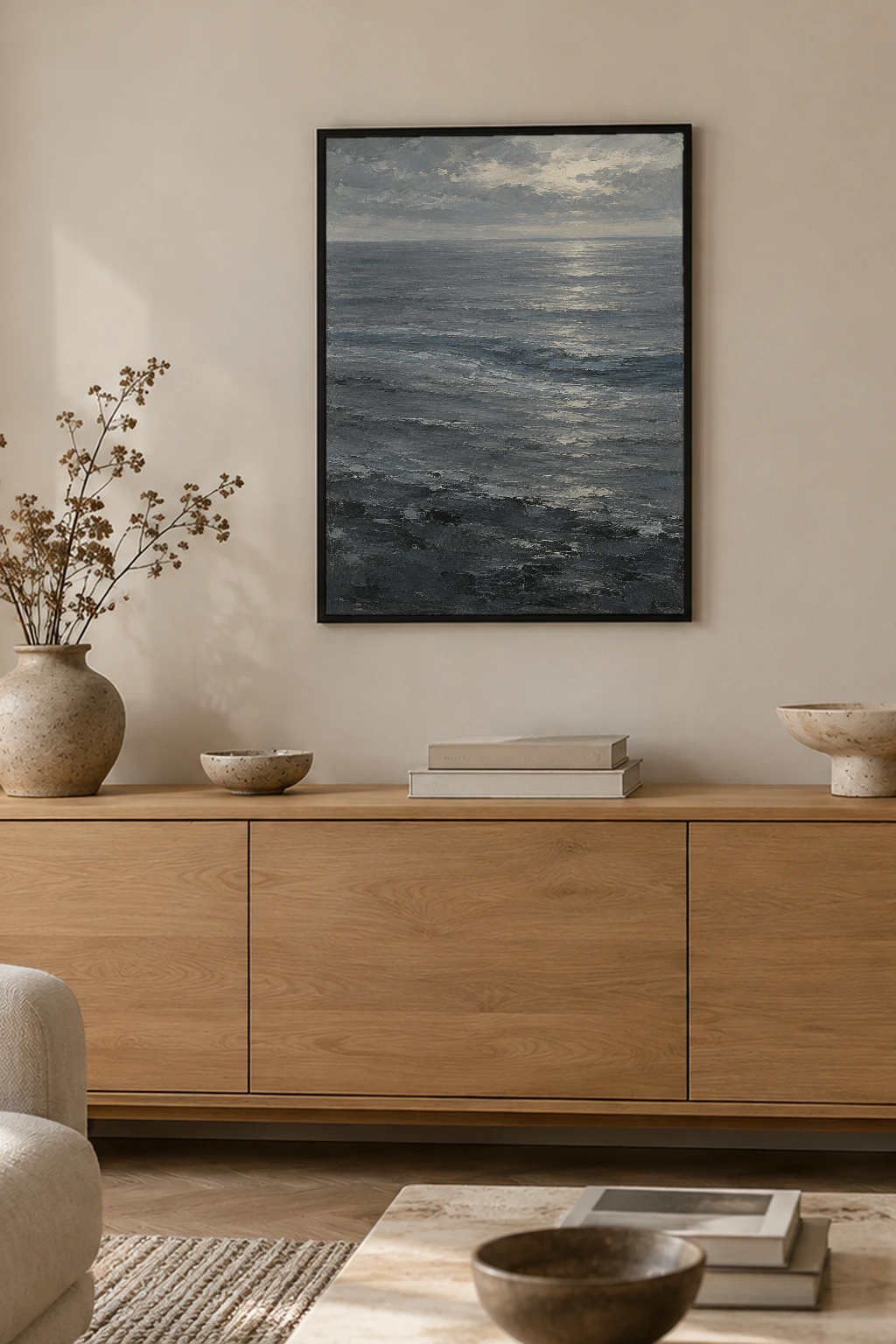 "Gray Sea Under Breaking Light" Premium Wooden Framed Poster