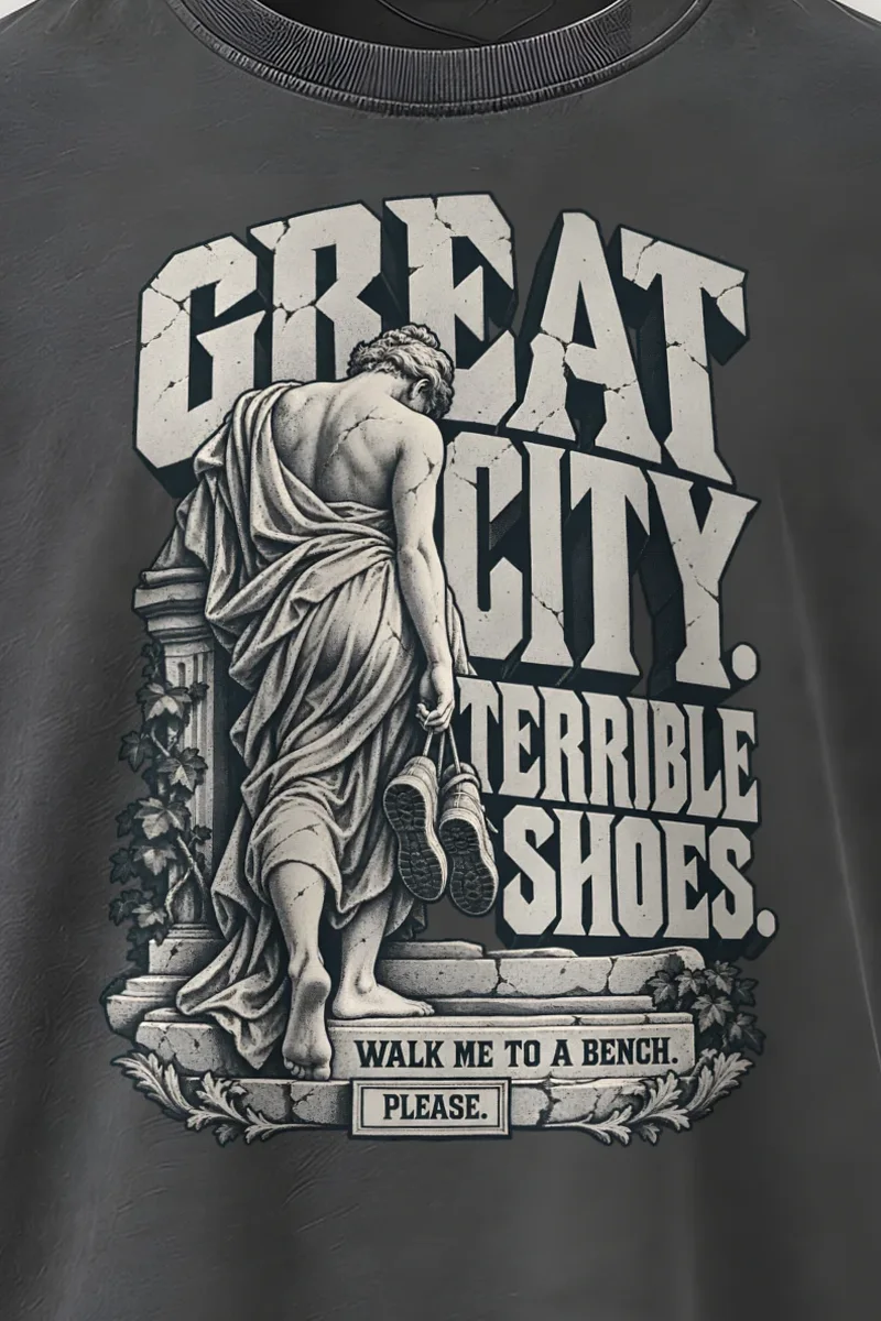 "Great City Terrible Shoes" Men’s Oversized Heavyweight Crewneck T-Shirt - the graphic up close