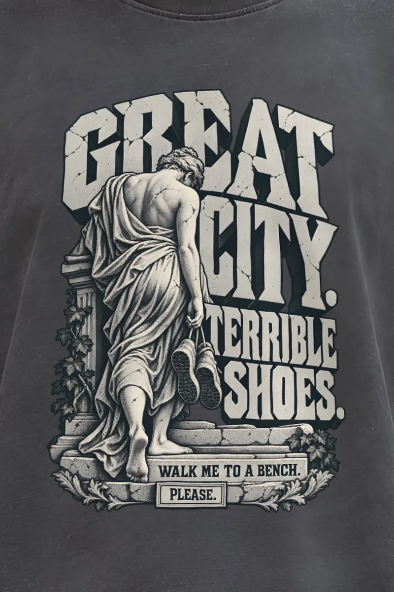 "Great City Terrible Shoes" Men’s Oversized Heavyweight Crewneck T-Shirt - the graphic up close