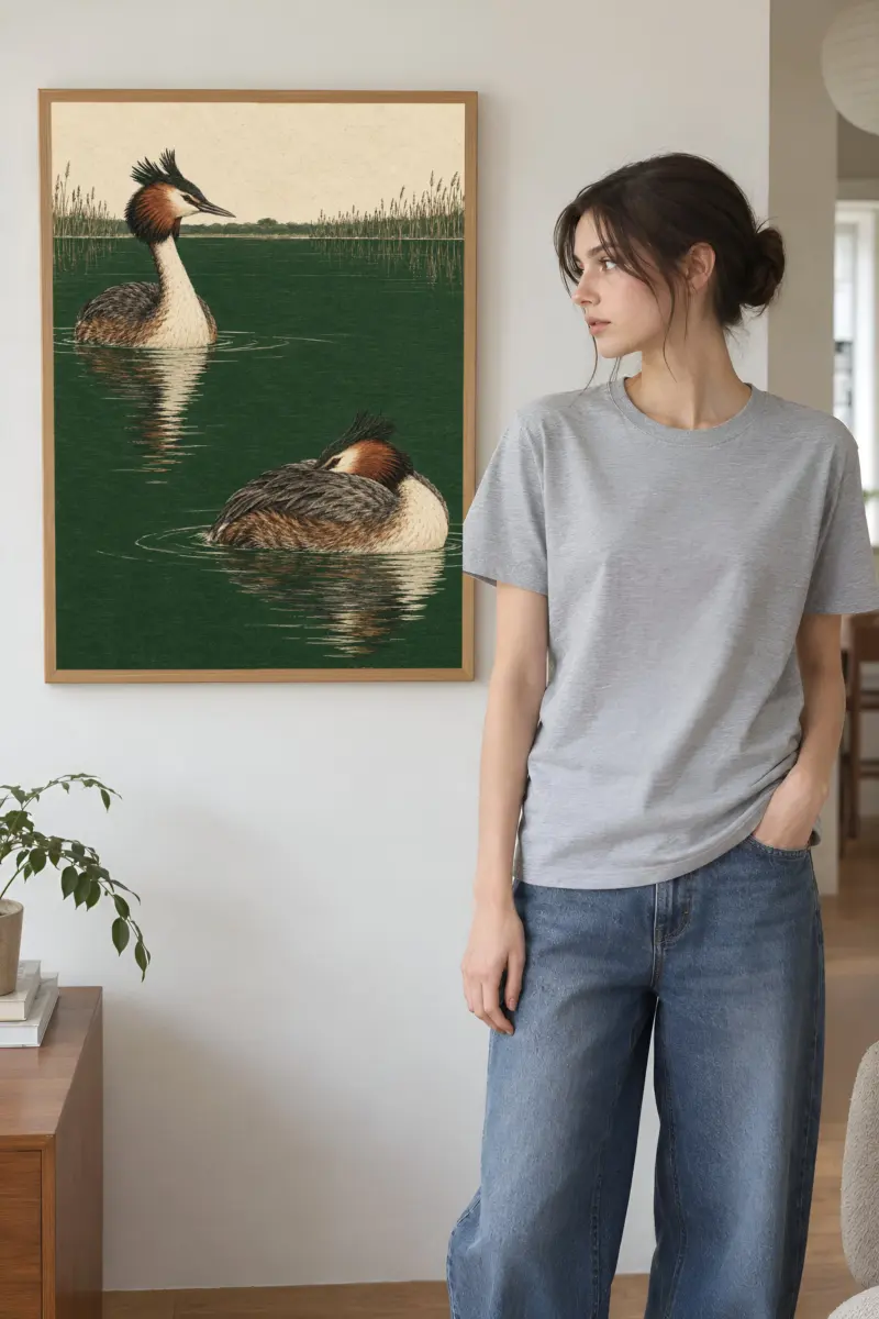 “Great Crested Grebe Pair” Premium Wooden Framed Poster